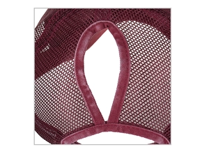Detail of burgundy mesh baseball cap featuring a functional ponytail hole and fine stitching