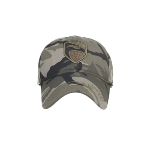 Tactical camouflage baseball cap featuring a star embroidered shield badge and curved brim
