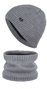 Detail view of the ribbed knit texture on the grey winter beanie and neck warmer set