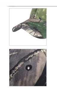Detail of reinforced stitching on visor and metal eyelets of jungle camo baseball cap