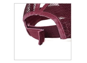 Detail of adjustable hook and loop closure on breathable mesh ponytail baseball cap