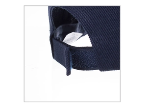 Detail of navy blue baseball cap back closure with adjustable hook and loop fastener