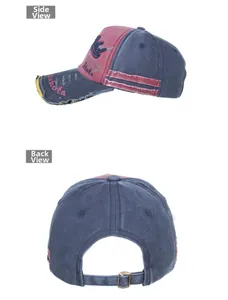 Detail view of washed cotton baseball cap with vintage embroidery and adjustable buckle