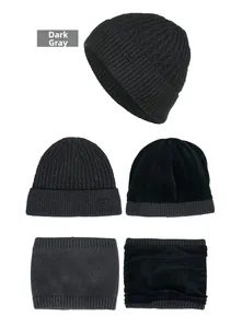 Detail of grey winter knit beanie and neck gaiter with warm thick fleece lining