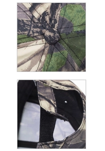 Detailed view of leaf camouflage baseball cap with adjustable strap and stitching
