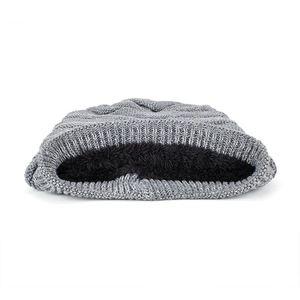 Men's winter knit beanie with grey diamond texture and warm black fleece lining
