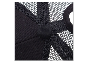Macro view of black mesh baseball cap showing top button and high-quality stitching details