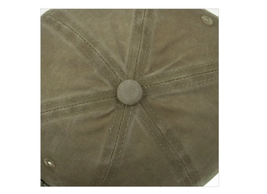 Detailed top view of army green cotton twill baseball cap showing button and stitching