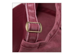 Detail of burgundy washed cotton baseball cap with adjustable antique bronze buckle