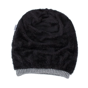 Men's winter knit beanie with black plush fur body and grey ribbed cuff acrylic hat