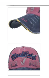 Detailed close-up of distressed vintage baseball cap with embroidery and frayed edges