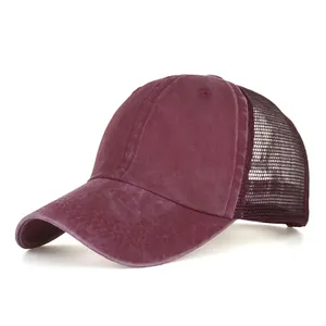 Washed Cotton Ponytail Baseball Cap For Women Distressed Mesh Trucker Hat Breathable Sun Hat Outdoor Adjustable Sports Cap