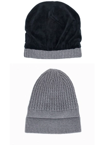Detail of gray cable-knit exterior and thick black fleece lining for winter beanie hats