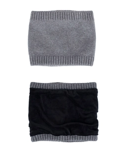 Winter set detail showing gray ribbed knit outer and thick black fleece lining texture