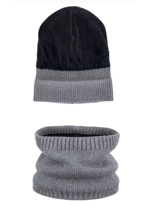 Detail of grey ribbed knit beanie and neck warmer set with black velvet finish