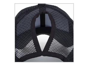 Rear view of black breathable mesh baseball cap with specialized ponytail hole design