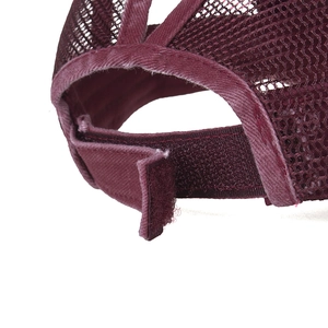 Burgundy washed ponytail baseball cap with breathable mesh and adjustable velcro strap