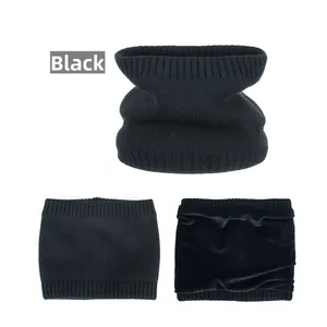 Close-up of black ribbed knit neck warmer with thick fleece lining for winter warmth