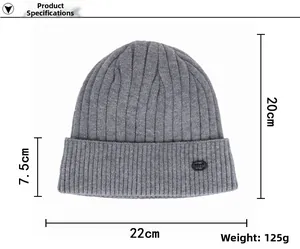 Guide des tailles détaillé pour bonnet en maille grise avec dimensions et poids précis