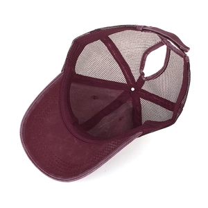 Burgundy distressed mesh baseball cap with ponytail hole and adjustable velcro strap