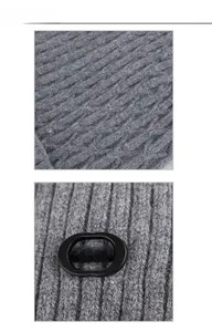 Detail of gray knitted beanie with branch texture, rib pattern, and fashion label