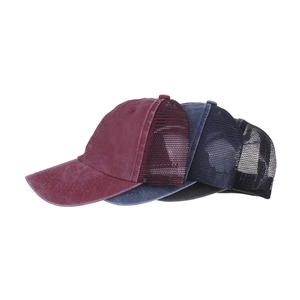 Vintage washed cotton mesh baseball caps in burgundy, navy blue, and black colors