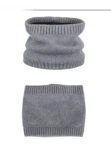 Detail view showing dark grey ribbed knit snood scarf with high-elastic texture and warm lining
