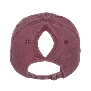 Burgundy washed cotton ponytail baseball cap with adjustable metal buckle back view