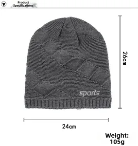 Detailed view of grey knit beanie with sports logo and 3D diamond pattern dimensions