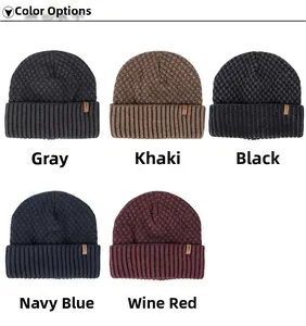 Cuffed beanie hats in five colors featuring classic label and honeycomb knit texture