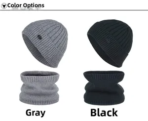 Detailed knit texture of autumn winter striped hat and scarf set in grey and black colors