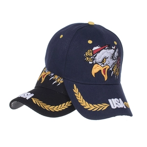 Navy and black baseball caps with eagle embroidery and USA laurel leaf brim details