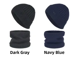 Close-up of ribbed knit beanie and neck warmer set with fleece lining and fashion label