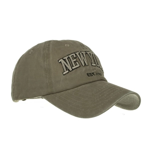 Vintage olive green washed cotton baseball cap with New York 3D embroidery detail