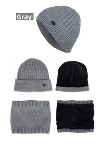 Detail showing grey ribbed knit beanie and neck warmer set with thick black fleece lining