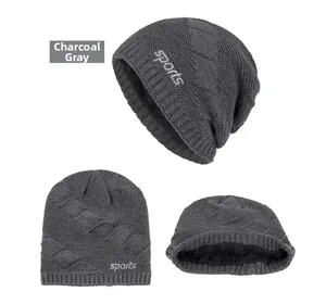 Detail of dark grey knit beanie with SPORTS embroidery and thick warm fleece lining