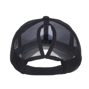 Black ponytail trucker hat with mesh panels and adjustable velcro closure for women