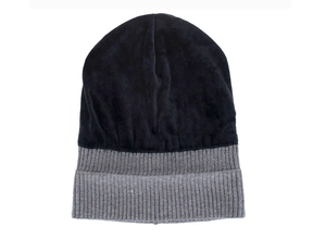 Close-up of winter beanie featuring black velvet crown and grey ribbed knit cuff detail