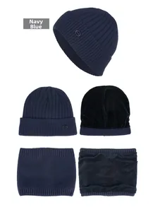 Detail view of navy blue ribbed knit beanie and neck warmer set with warm fleece lining