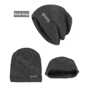 Detail view of dark grey knitted beanie with warm fleece lining and Sports embroidery