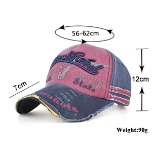 Distressed vintage cotton baseball cap with embroidered letters and size specifications