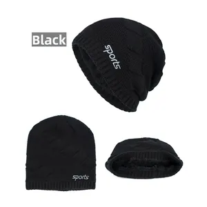 Detail of black knit beanie featuring thick fleece lining and SPORTS embroidery for warmth