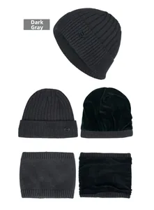 Detail of dark grey striped knit hat and neck warmer set with warm fleece lining
