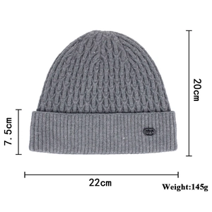 Winter chunky knit beanie in grey branch texture with soft lining and fashion patch
