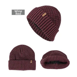 Detailed views of burgundy knitted beanie showing warm black fleece lining and CLASSIC label