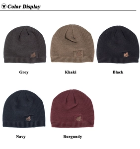 Color options of the knitted beanie showing grey, khaki, black, navy, and burgundy models