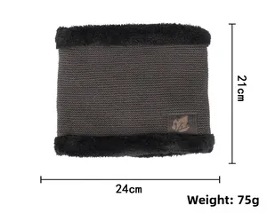 Close-up of winter knit neck gaiter with maple leaf patch and faux fur trim, 24x21cm