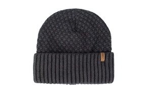 Macro detail of dark grey beanie featuring knit patterns and a Classic leather label