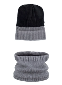 Close-up of winter thermal two-piece set featuring ribbed knit beanie and fleece neck warmer