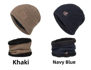 Winter knitted hat and neck warmer set with fleece lining in khaki and navy blue